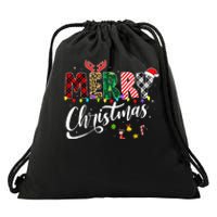 Leopard Buffalo Red Plaid Merry Christmas Drawstring Bag