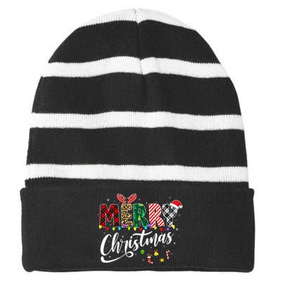 Leopard Buffalo Red Plaid Merry Christmas Striped Beanie with Solid Band