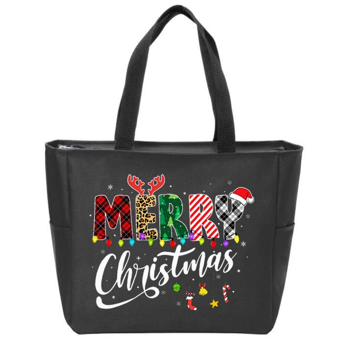 Leopard Buffalo Red Plaid Merry Christmas Zip Tote Bag