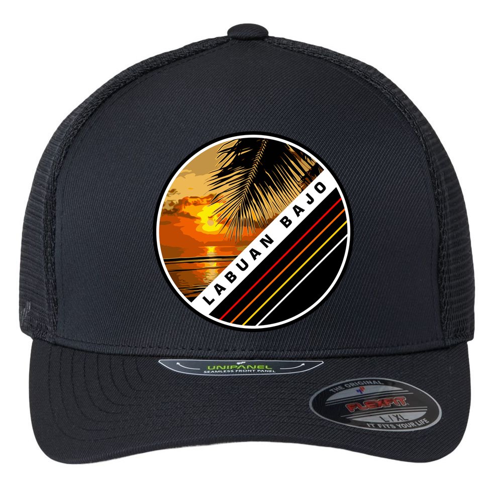 Labuan Bajo Retro Sunset Flexfit Unipanel Trucker Cap