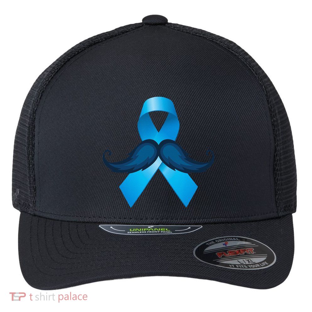 Light Blue Ribbon Mustache Prostate Cancer Awareness Flexfit Unipanel Trucker Cap