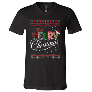 Leopard Buffalo Red Plaid Merry Christmas  V-Neck T-Shirt