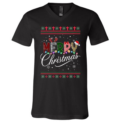 Leopard Buffalo Red Plaid Merry Christmas  V-Neck T-Shirt