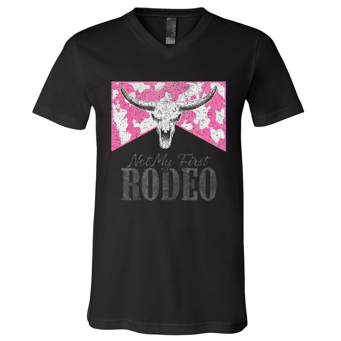 Leopard Bull Skull Western Life Country Not My First Rodeo V-Neck T-Shirt