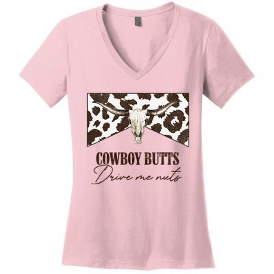 Leopard Bull Skull Western Cowboy Butts Drive Me Nuts Women's V-Neck T-Shirt