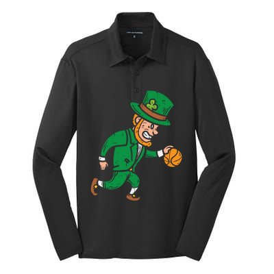 Leprechaun Basketball St Patricks Day Sport Gift Silk Touch Performance Long Sleeve Polo