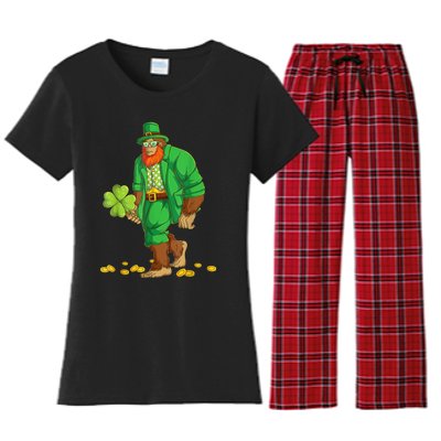 Leprechaun Bigfoot Shamrock St Patricks Day Sasquatch Women's Flannel Pajama Set