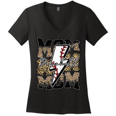 Leopard Baseball Softball Lightning Mom Retro Mother's Day Women's V-Neck T-Shirt