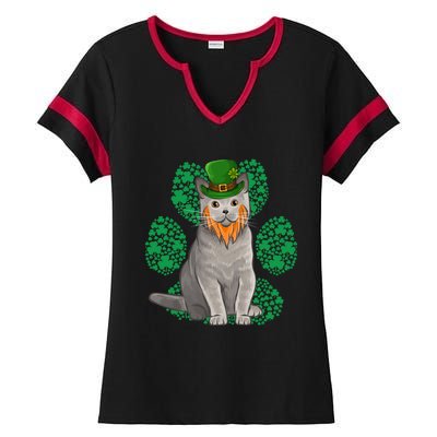 Leprechaun British Shorthair St Patricks Day Shamrock Paw Great Gift Ladies Halftime Notch Neck Tee