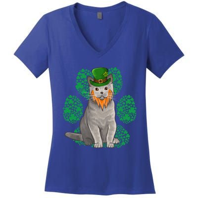 Leprechaun British Shorthair St Patricks Day Shamrock Paw Great Gift Women's V-Neck T-Shirt