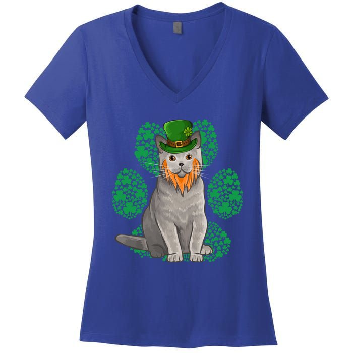 Leprechaun British Shorthair St Patricks Day Shamrock Paw Great Gift Women's V-Neck T-Shirt