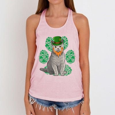 Leprechaun British Shorthair St Patricks Day Shamrock Paw Great Gift Women's Knotted Racerback Tank