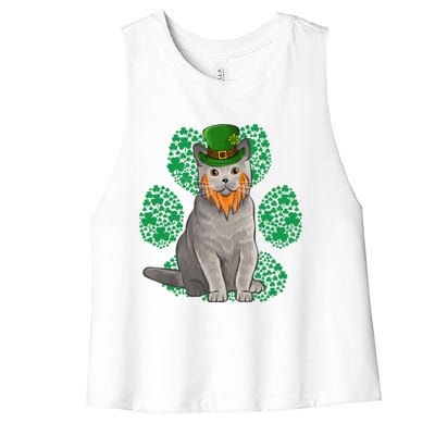 Leprechaun British Shorthair St Patricks Day Shamrock Paw Great Gift Women's Racerback Cropped Tank