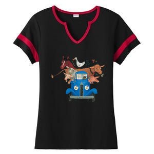 Little Blue Truck And Farm Animals Illustration Ladies Halftime Notch Neck Tee