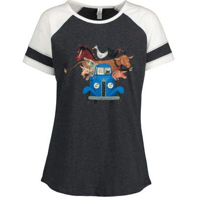 Little Blue Truck And Farm Animals Illustration Enza Ladies Jersey Colorblock Tee