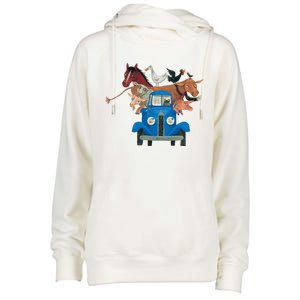 Little Blue Truck And Farm Animals Illustration Womens Funnel Neck Pullover Hood