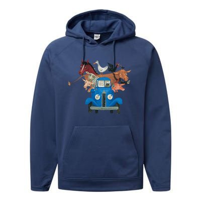 Little Blue Truck And Farm Animals Illustration Performance Fleece Hoodie