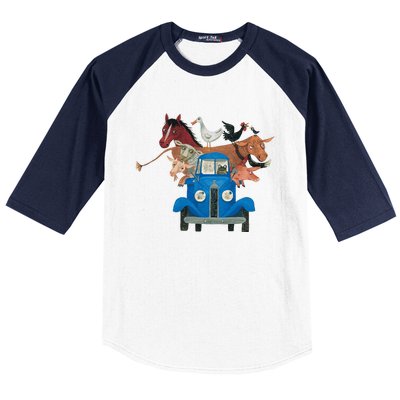 Little Blue Truck And Farm Animals Illustration Baseball Sleeve Shirt