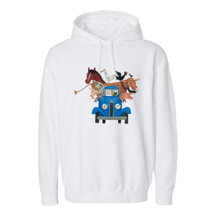 Little Blue Truck And Farm Animals Illustration Garment-Dyed Fleece Hoodie