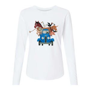 Little Blue Truck And Farm Animals Illustration Womens Cotton Relaxed Long Sleeve T-Shirt