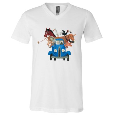 Little Blue Truck And Farm Animals Illustration V-Neck T-Shirt