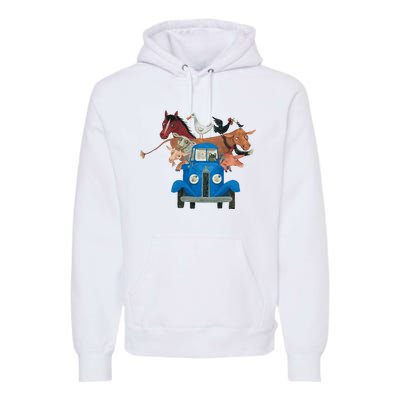 Little Blue Truck And Farm Animals Illustration Premium Hoodie