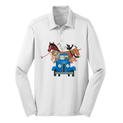 Little Blue Truck And Farm Animals Illustration Silk Touch Performance Long Sleeve Polo