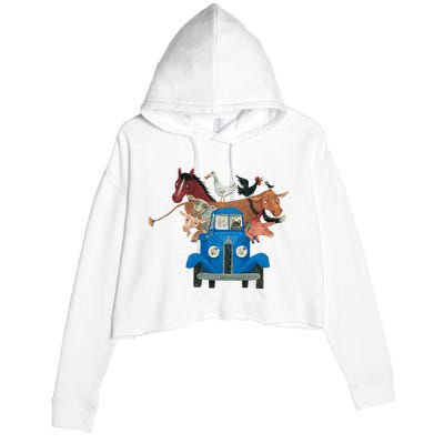 Little Blue Truck And Farm Animals Illustration Crop Fleece Hoodie