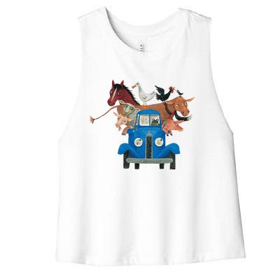 Little Blue Truck And Farm Animals Illustration Women's Racerback Cropped Tank