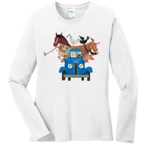 Little Blue Truck And Farm Animals Illustration Ladies Long Sleeve Shirt