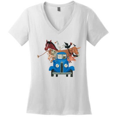 Little Blue Truck And Farm Animals Illustration Women's V-Neck T-Shirt