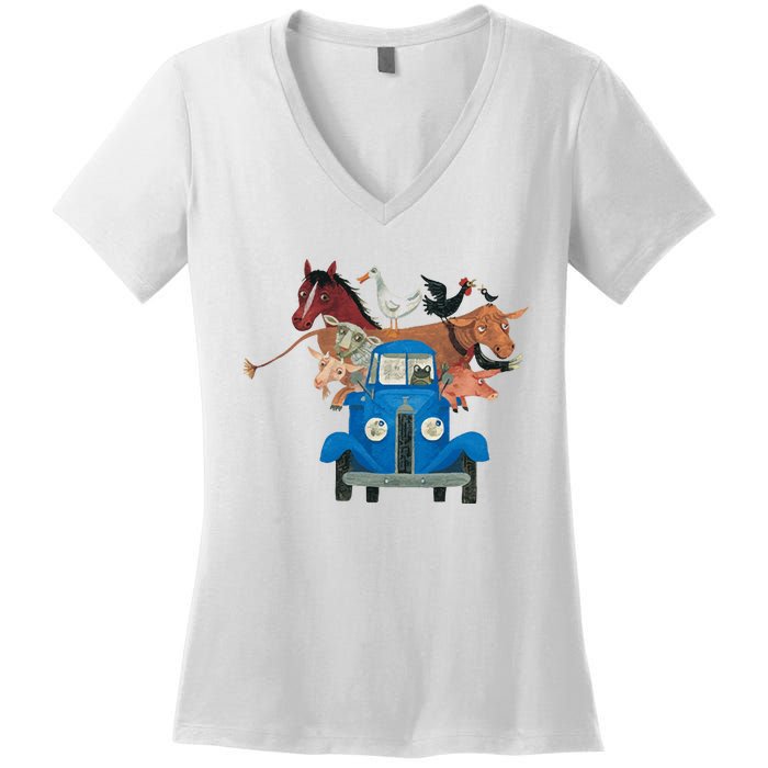 Little Blue Truck And Farm Animals Illustration Women's V-Neck T-Shirt