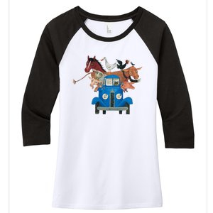 Little Blue Truck And Farm Animals Illustration Women's Tri-Blend 3/4-Sleeve Raglan Shirt