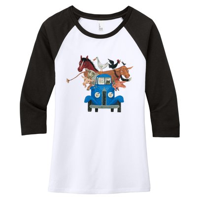 Little Blue Truck And Farm Animals Illustration Women's Tri-Blend 3/4-Sleeve Raglan Shirt