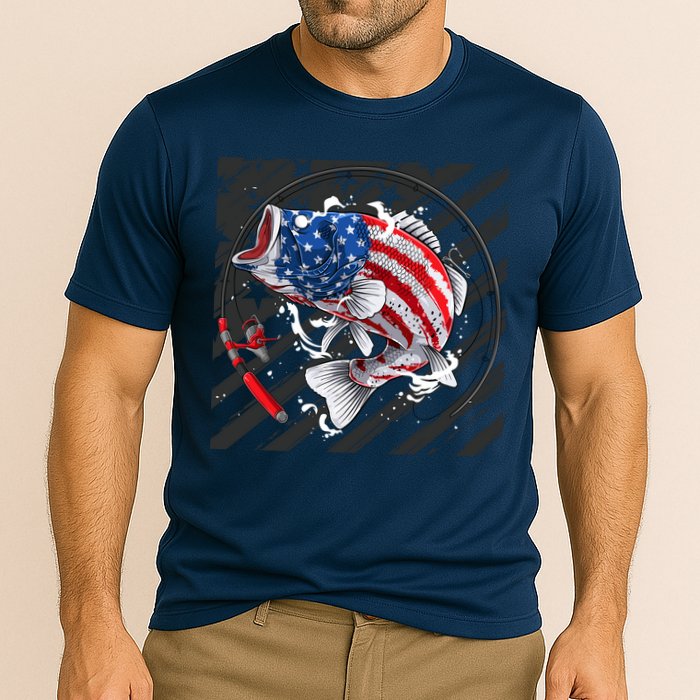 Largemouth Bass USA Flag Imprint Cooling Performance Crew T-Shirt