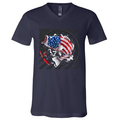 Largemouth Bass USA Flag Imprint V-Neck T-Shirt