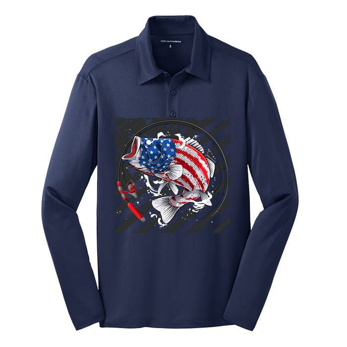 Largemouth Bass USA Flag Imprint Silk Touch Performance Long Sleeve Polo