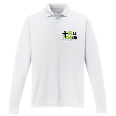 Lymphoma Cancer Awareness Heal Cancer Green Ribbon Performance Long Sleeve Polo