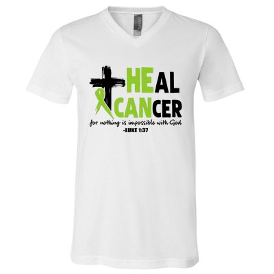 Lymphoma Cancer Awareness Heal Cancer Green Ribbon V-Neck T-Shirt