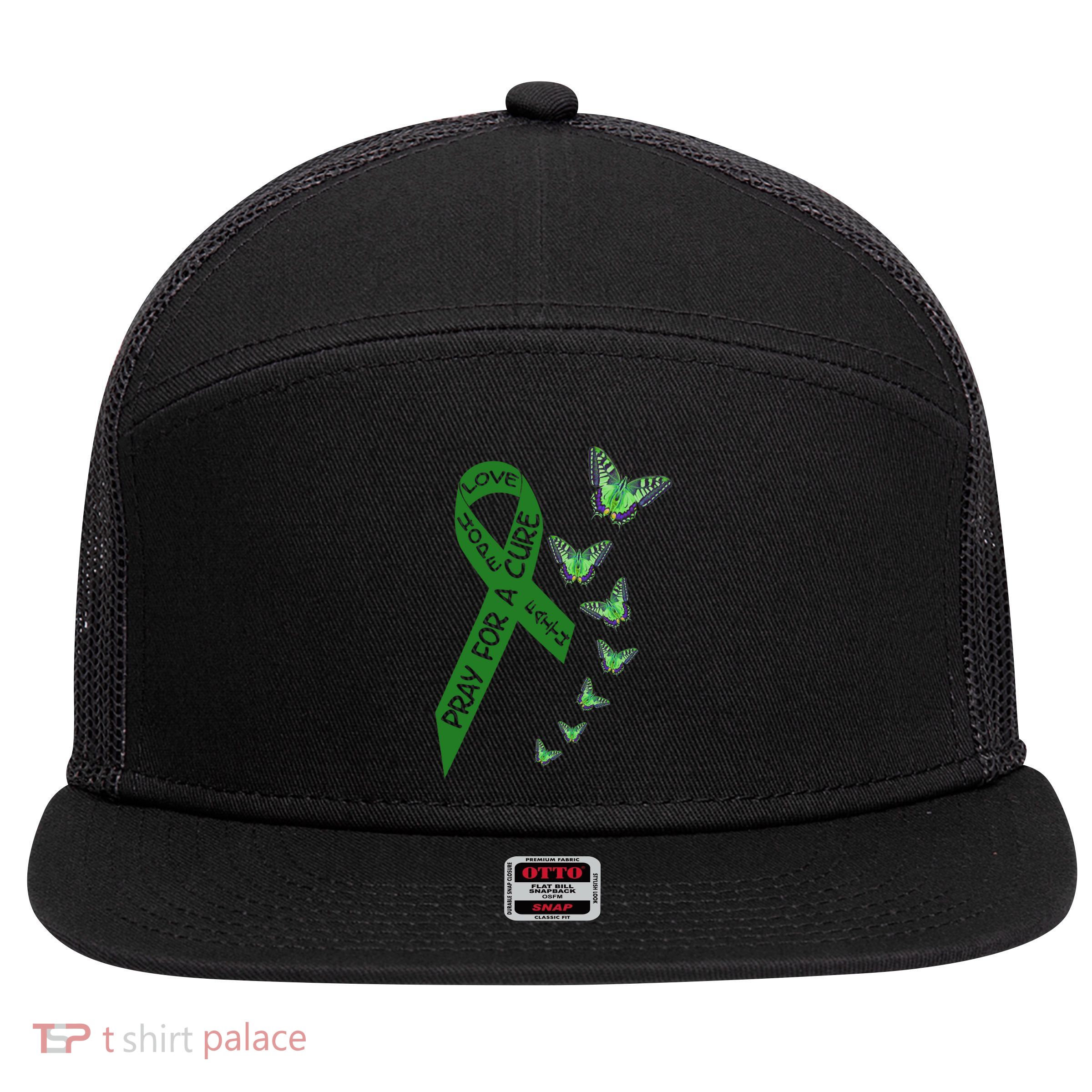 Liver Cancer Awareness Green Ribbon Religious Butterflies Gift 7 Panel Mesh Trucker Snapback Hat