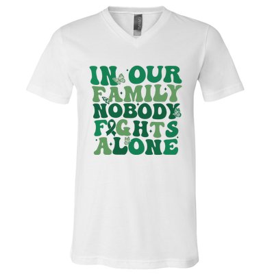 Liver Cancer Awareness In Our Family Nobody Fights Alone V-Neck T-Shirt