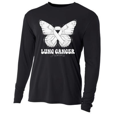 Lung Cancer Awareness Month White Ribbon Butterfly Cooling Performance Long Sleeve Crew