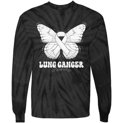 Lung Cancer Awareness Month White Ribbon Butterfly Tie-Dye Long Sleeve Shirt