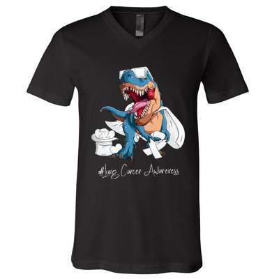 Lung Cancer Awareness Month White Ribbon Trex V-Neck T-Shirt