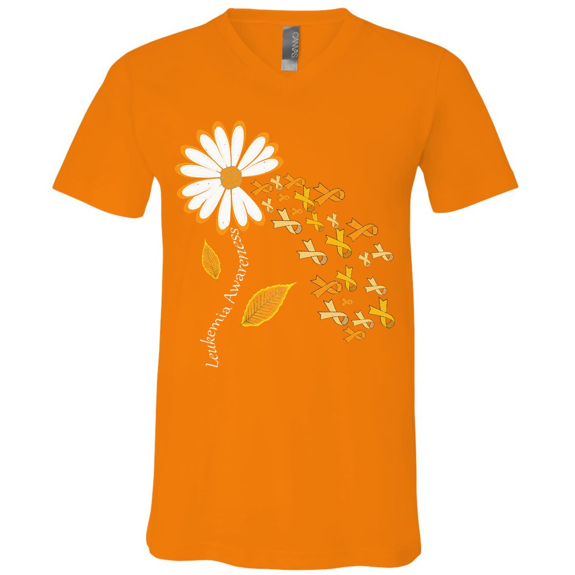 Leukemia Cancer Awareness Orange Ribbon Daisy Flower V-Neck T-Shirt