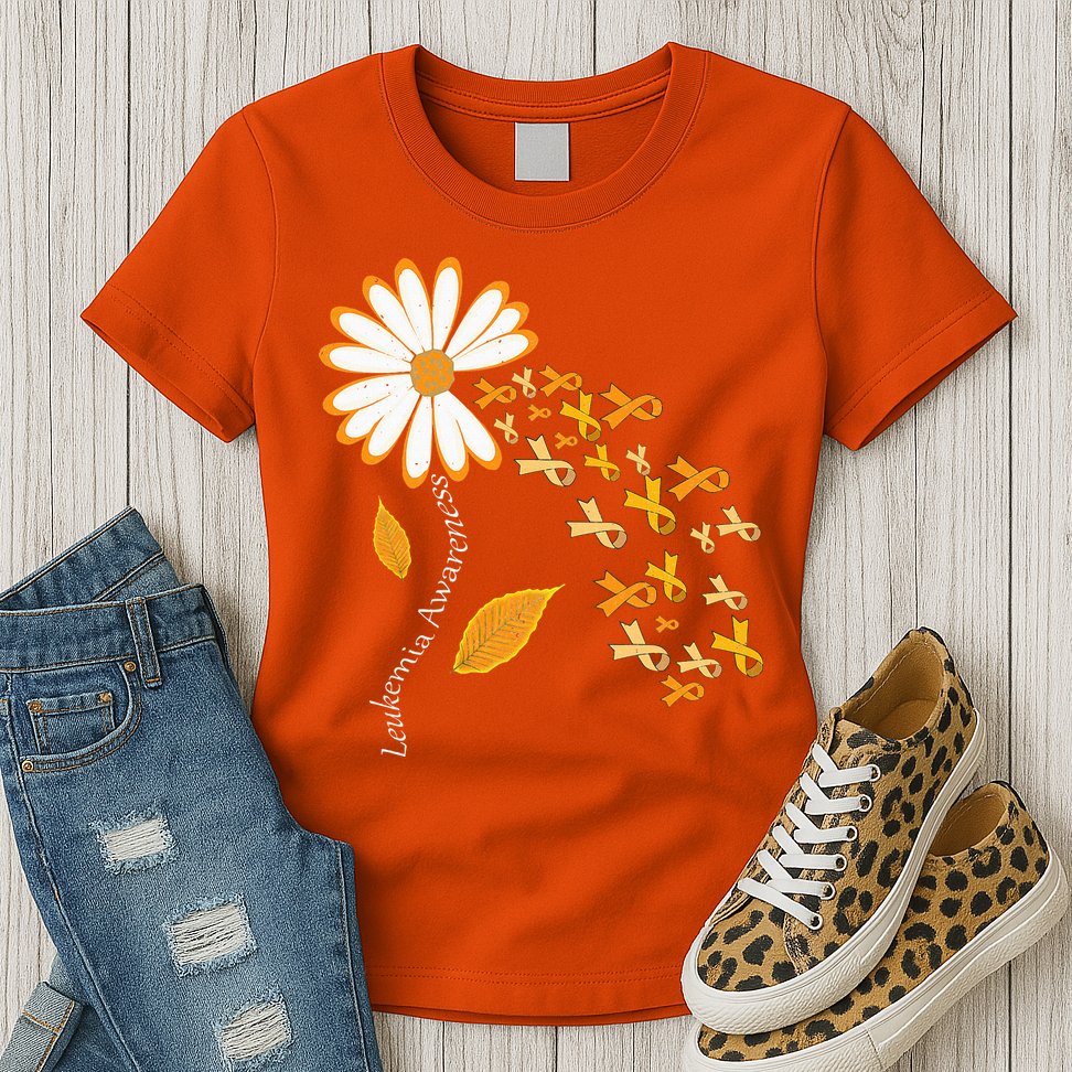 Leukemia Cancer Awareness Orange Ribbon Daisy Flower Womens T-Shirt