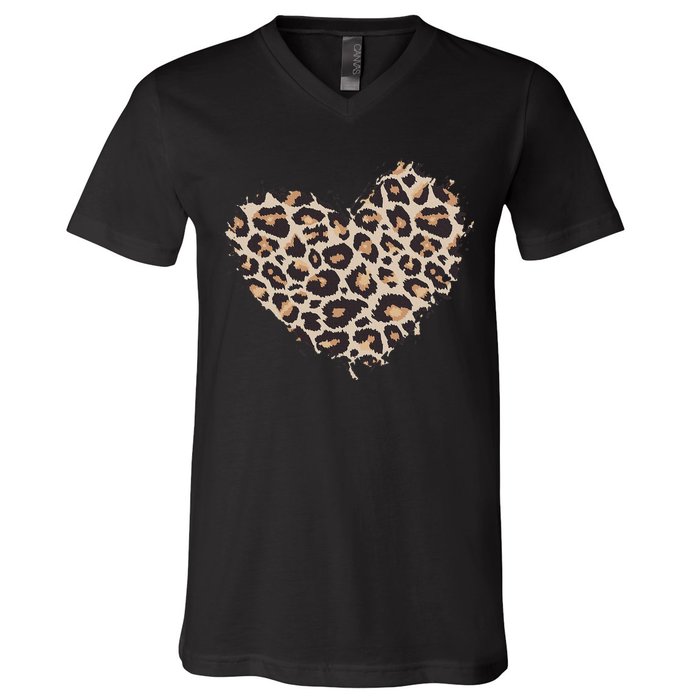 Leopard Cheetah Animal Print Heart V-Neck T-Shirt