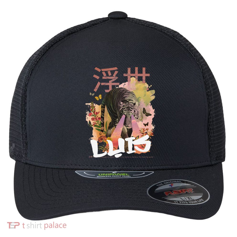 Luis Cute Boy Name With Cool Japanese Tiger & Kanji Flexfit Unipanel Trucker Cap