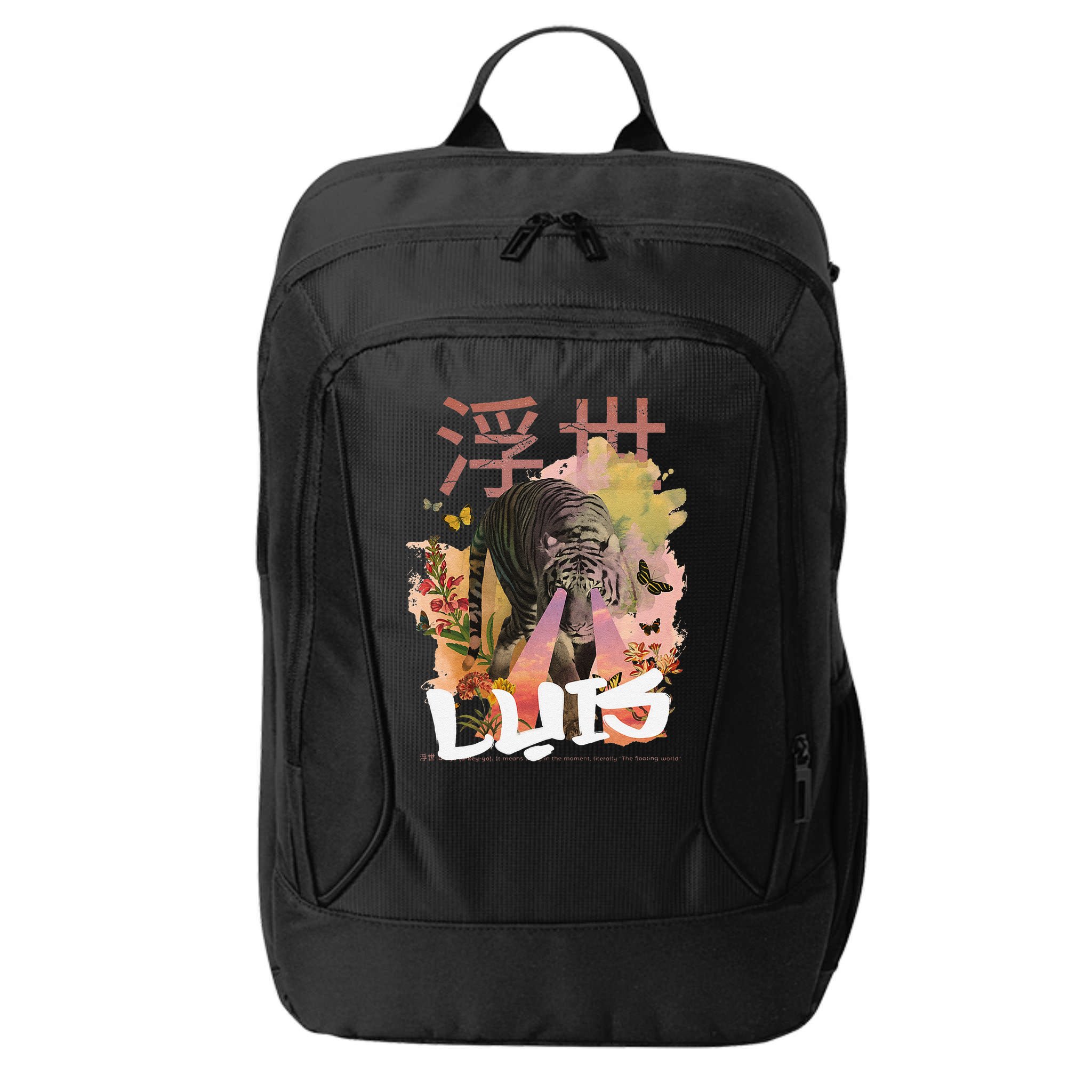 Luis Cute Boy Name With Cool Japanese Tiger & Kanji City Backpack