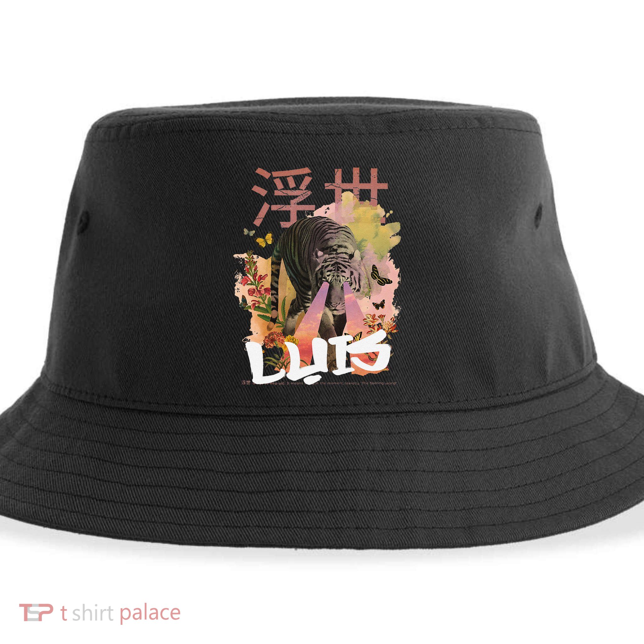 Luis Cute Boy Name With Cool Japanese Tiger & Kanji Sustainable Bucket Hat